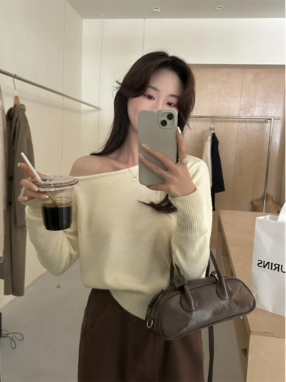 Gray Asymmetrical Shoulder Knitted Sweater Women'S Fashion Inner Wear One-Shoulder Chic Top Sweet Sle Long Sleeve Crew Neck