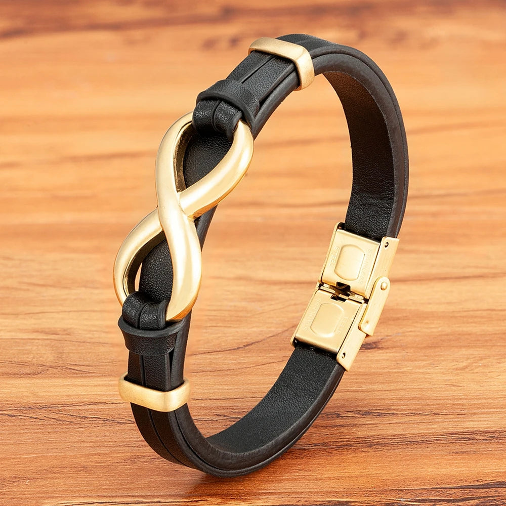 Luxury Genuine Leather Infinity Symbol Mens Bracelet Stainless Steel Buckle Couple Bangles Jewelry Dropshipping Wholesale
