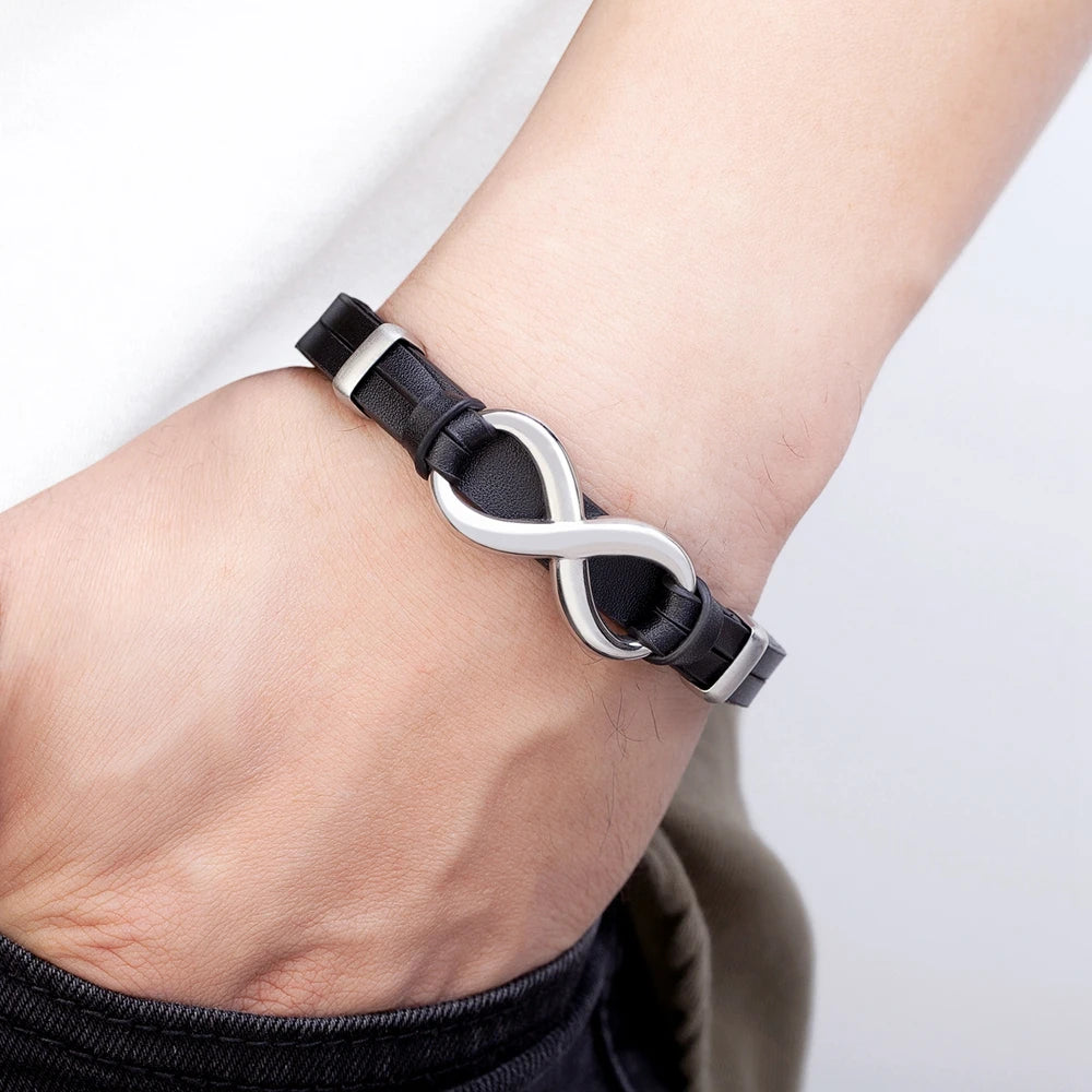 Luxury Genuine Leather Infinity Symbol Mens Bracelet Stainless Steel Buckle Couple Bangles Jewelry Dropshipping Wholesale