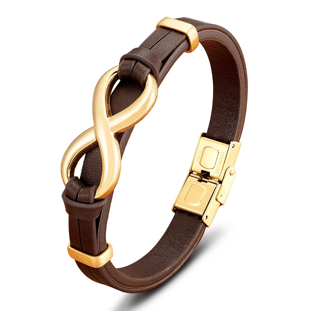 Luxury Genuine Leather Infinity Symbol Mens Bracelet Stainless Steel Buckle Couple Bangles Jewelry Dropshipping Wholesale