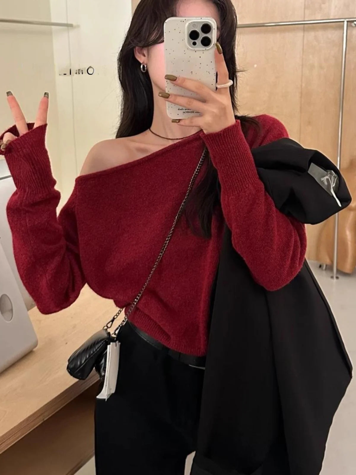 Gray Asymmetrical Shoulder Knitted Sweater Women'S Fashion Inner Wear One-Shoulder Chic Top Sweet Sle Long Sleeve Crew Neck