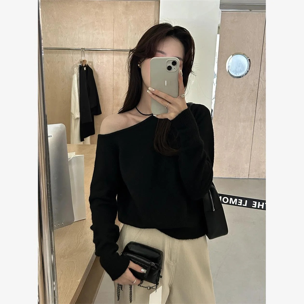 Gray Asymmetrical Shoulder Knitted Sweater Women'S Fashion Inner Wear One-Shoulder Chic Top Sweet Sle Long Sleeve Crew Neck