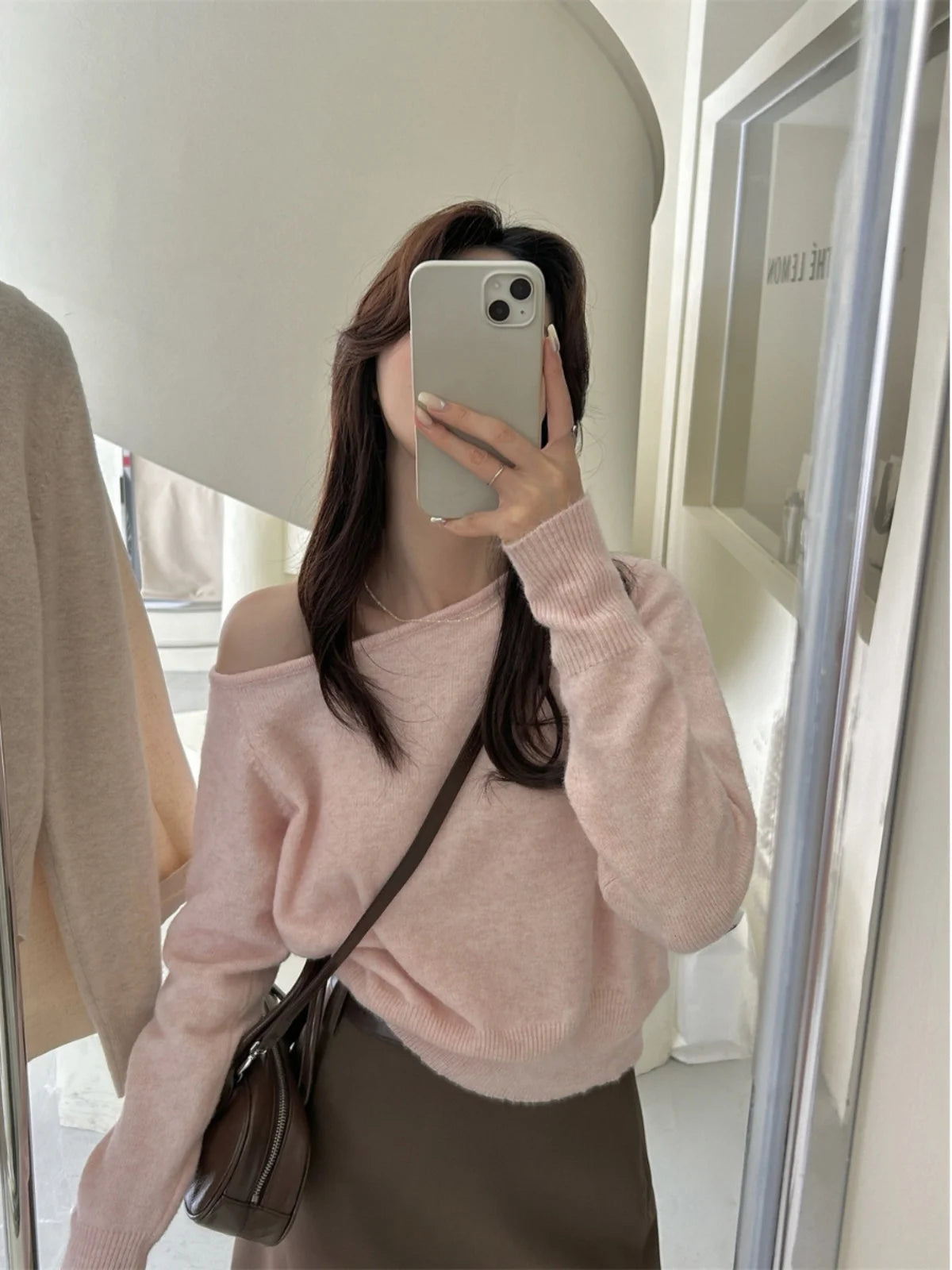Gray Asymmetrical Shoulder Knitted Sweater Women'S Fashion Inner Wear One-Shoulder Chic Top Sweet Sle Long Sleeve Crew Neck