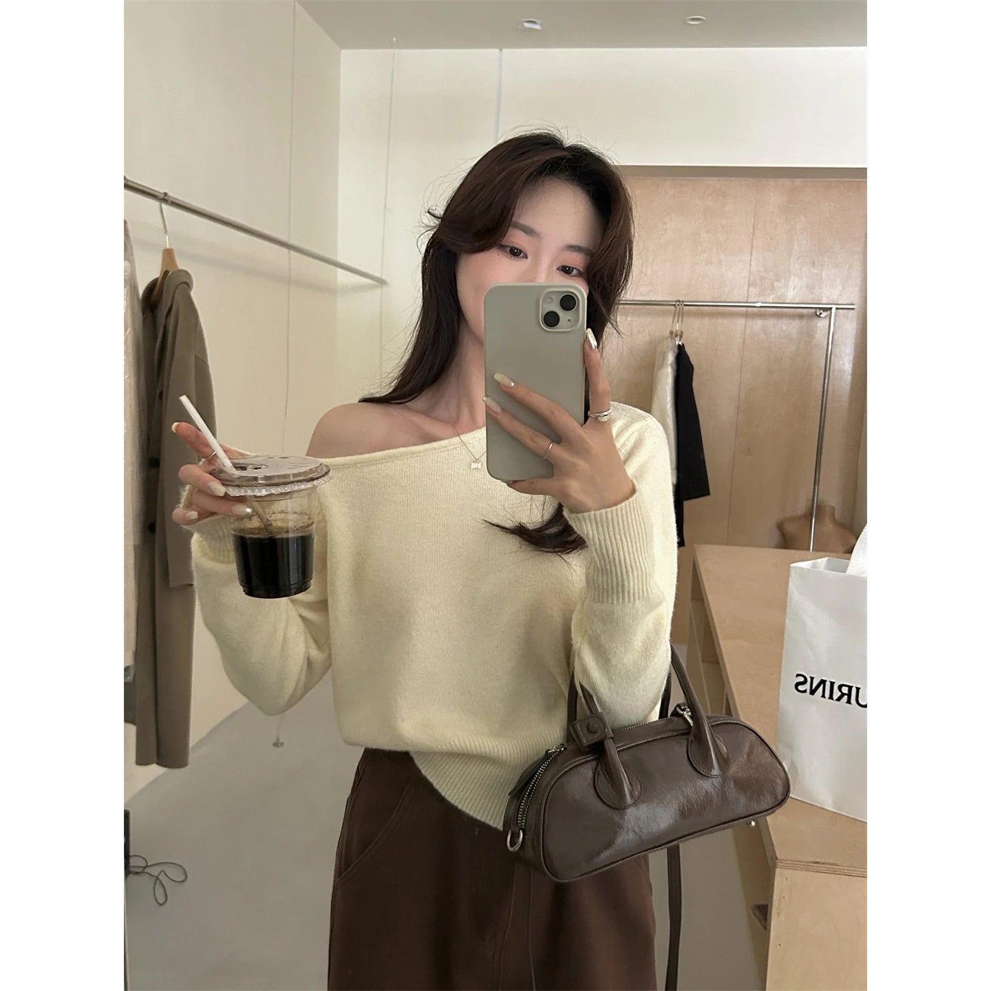 Gray Asymmetrical Shoulder Knitted Sweater Women'S Fashion Inner Wear One-Shoulder Chic Top Sweet Sle Long Sleeve Crew Neck