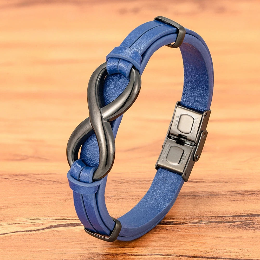 Luxury Genuine Leather Infinity Symbol Mens Bracelet Stainless Steel Buckle Couple Bangles Jewelry Dropshipping Wholesale