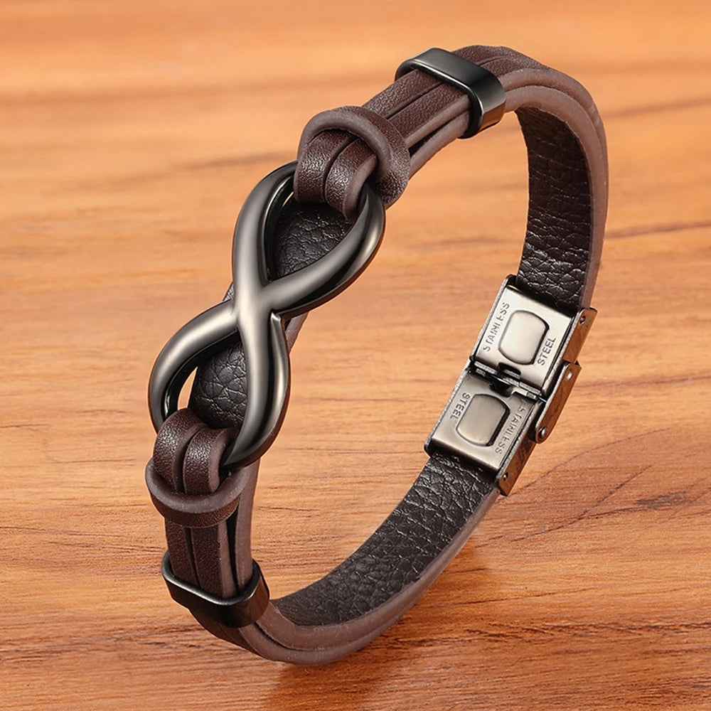 Luxury Genuine Leather Infinity Symbol Mens Bracelet Stainless Steel Buckle Couple Bangles Jewelry Dropshipping Wholesale