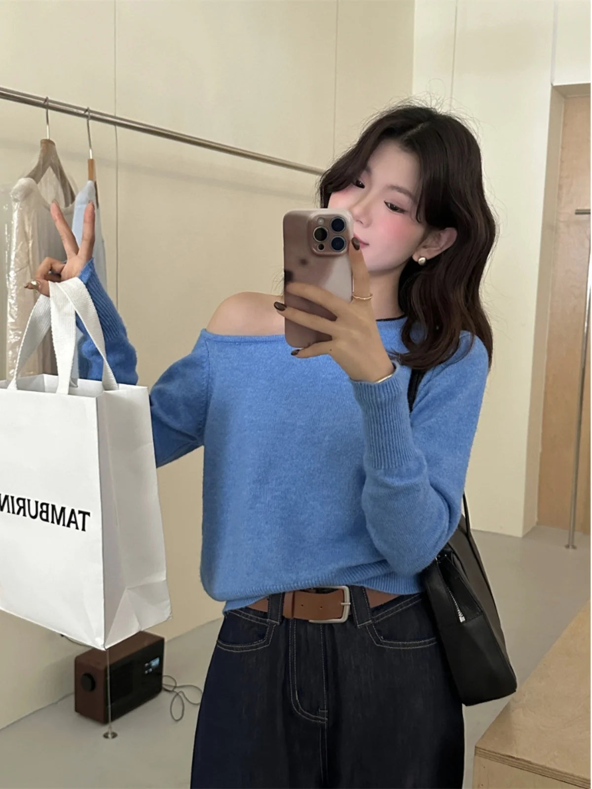 Gray Asymmetrical Shoulder Knitted Sweater Women'S Fashion Inner Wear One-Shoulder Chic Top Sweet Sle Long Sleeve Crew Neck