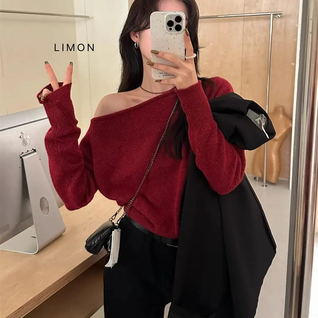 Gray Asymmetrical Shoulder Knitted Sweater Women'S Fashion Inner Wear One-Shoulder Chic Top Sweet Sle Long Sleeve Crew Neck