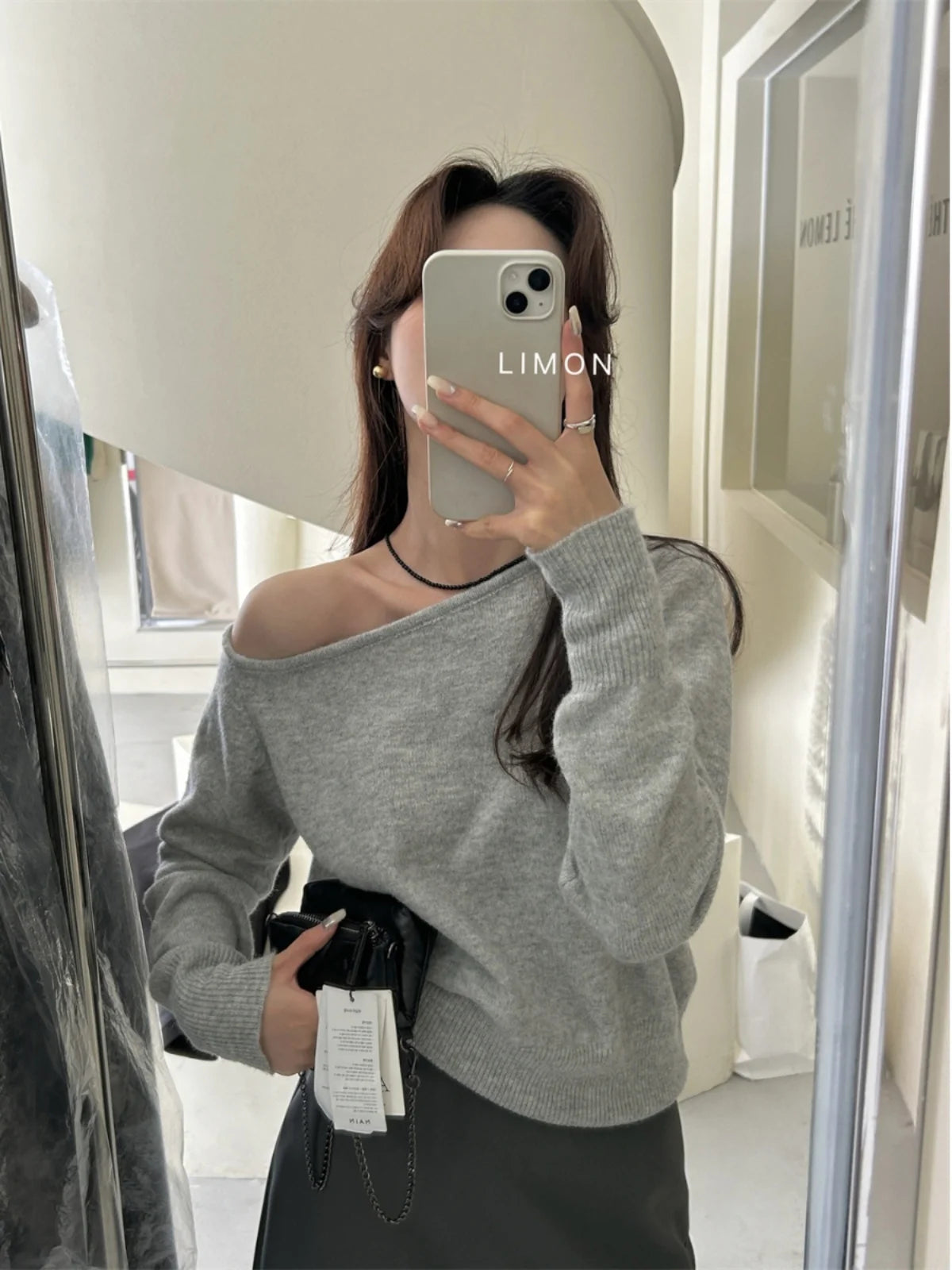 Gray Asymmetrical Shoulder Knitted Sweater Women'S Fashion Inner Wear One-Shoulder Chic Top Sweet Sle Long Sleeve Crew Neck