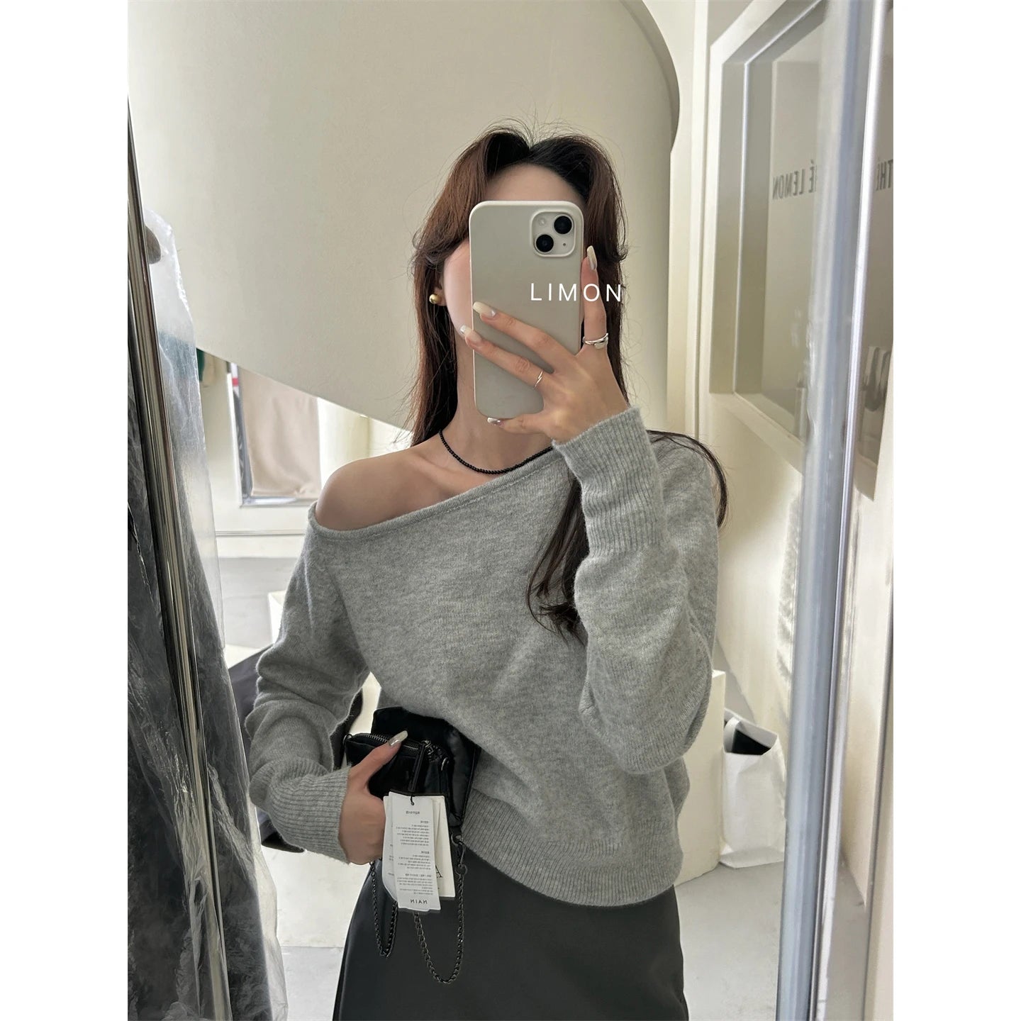 Gray Asymmetrical Shoulder Knitted Sweater Women'S Fashion Inner Wear One-Shoulder Chic Top Sweet Sle Long Sleeve Crew Neck