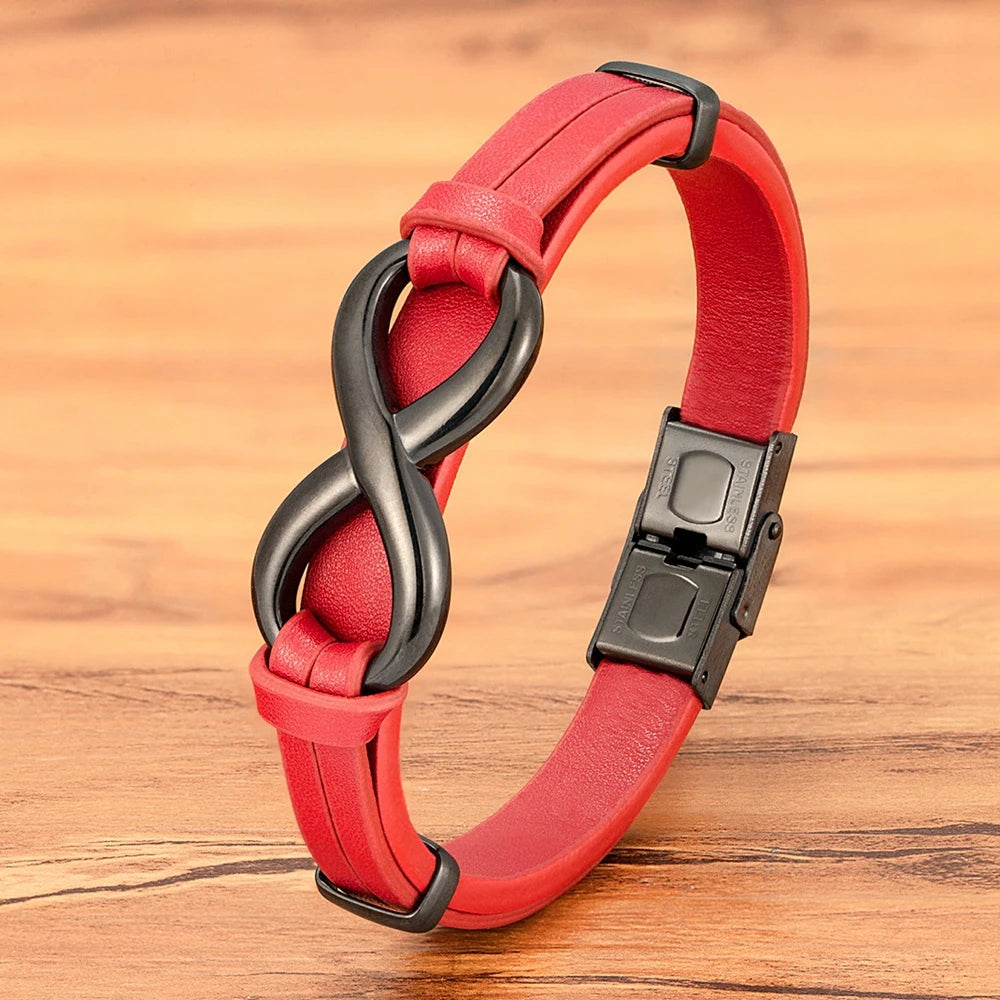 Luxury Genuine Leather Infinity Symbol Mens Bracelet Stainless Steel Buckle Couple Bangles Jewelry Dropshipping Wholesale
