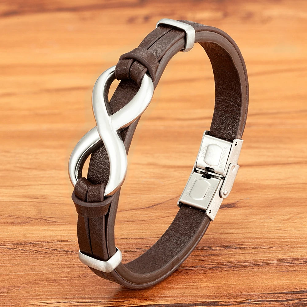 Luxury Genuine Leather Infinity Symbol Mens Bracelet Stainless Steel Buckle Couple Bangles Jewelry Dropshipping Wholesale