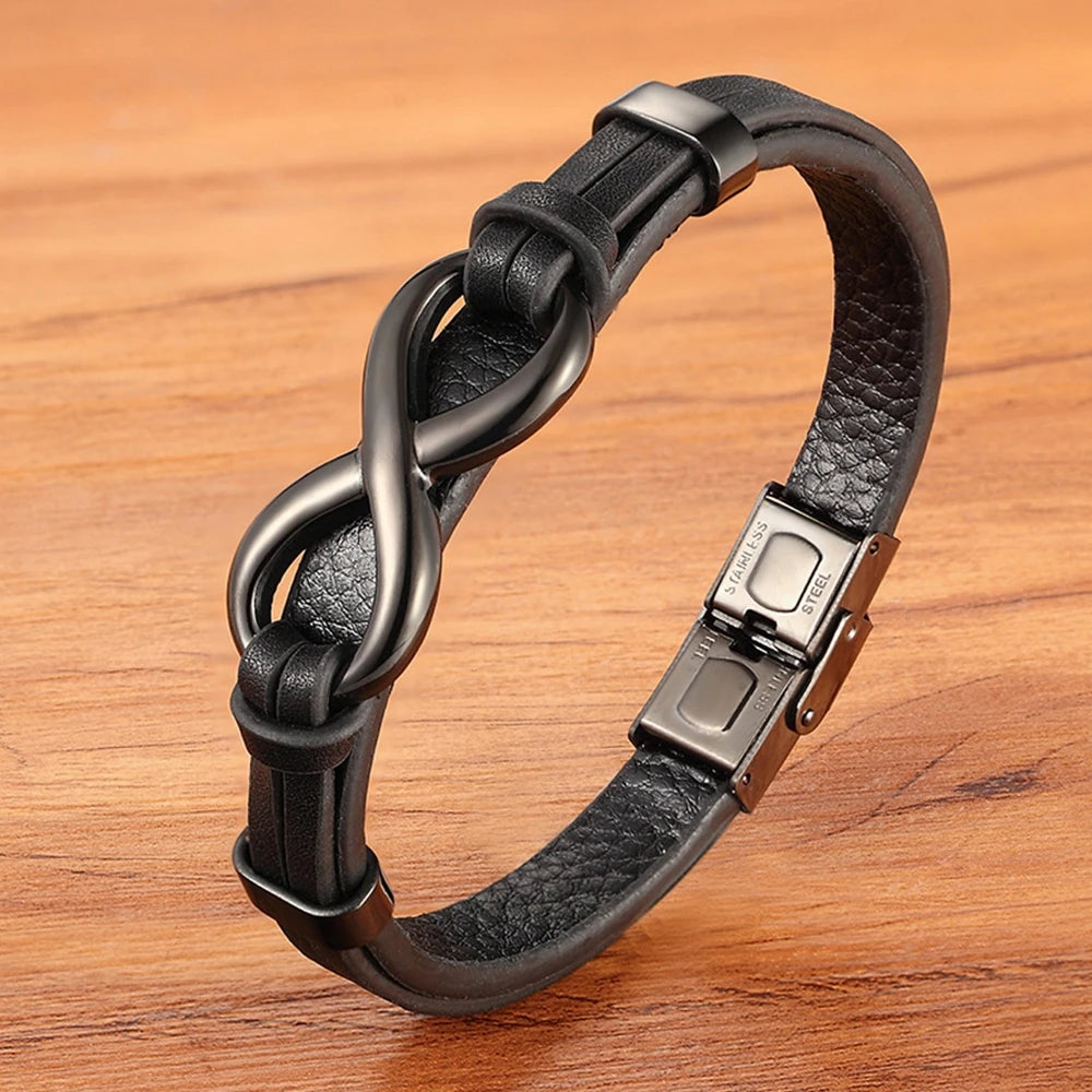 Luxury Genuine Leather Infinity Symbol Mens Bracelet Stainless Steel Buckle Couple Bangles Jewelry Dropshipping Wholesale