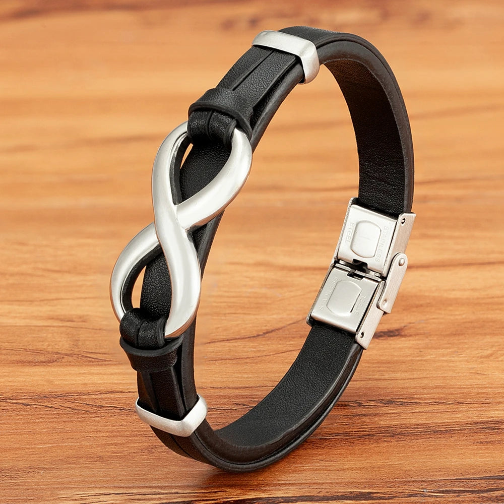 Luxury Genuine Leather Infinity Symbol Mens Bracelet Stainless Steel Buckle Couple Bangles Jewelry Dropshipping Wholesale