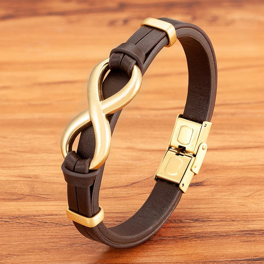 Luxury Genuine Leather Infinity Symbol Mens Bracelet Stainless Steel Buckle Couple Bangles Jewelry Dropshipping Wholesale