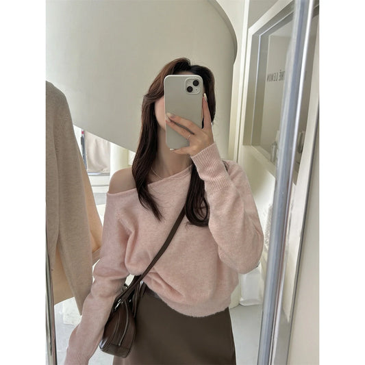Gray Asymmetrical Shoulder Knitted Sweater Women'S Fashion Inner Wear One-Shoulder Chic Top Sweet Sle Long Sleeve Crew Neck