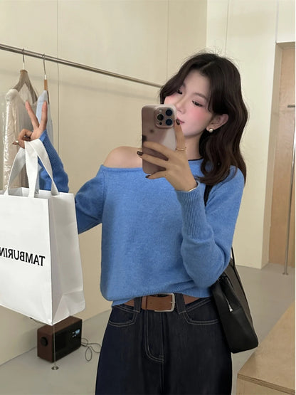 Gray Asymmetrical Shoulder Knitted Sweater Women'S Fashion Inner Wear One-Shoulder Chic Top Sweet Sle Long Sleeve Crew Neck