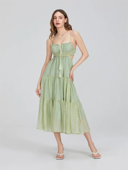 2024 Summer Women Flowy Long Dress Spaghetti Strap Cut Out Backless Ruffle A-Line Dress Bohemian Party Holiday Casual Sundress