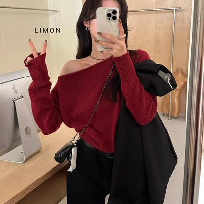 Gray Asymmetrical Shoulder Knitted Sweater Women'S Fashion Inner Wear One-Shoulder Chic Top Sweet Sle Long Sleeve Crew Neck