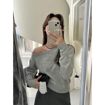 Gray Asymmetrical Shoulder Knitted Sweater Women'S Fashion Inner Wear One-Shoulder Chic Top Sweet Sle Long Sleeve Crew Neck