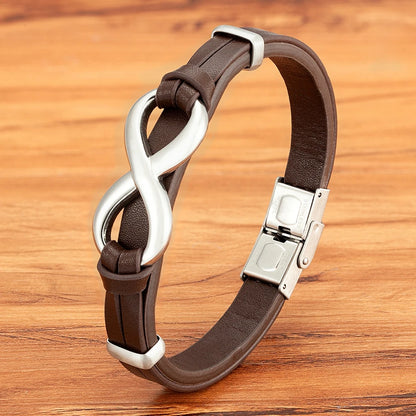 Luxury Genuine Leather Infinity Symbol Mens Bracelet Stainless Steel Buckle Couple Bangles Jewelry Dropshipping Wholesale